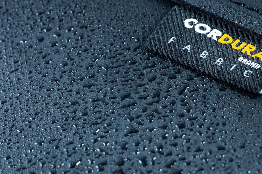 macro grey nylon Cordura brand, fabric textured background for design closeup. Cordura - thick nylon fabric with a special thread structure. Moscow, Russia - December 23, 2019